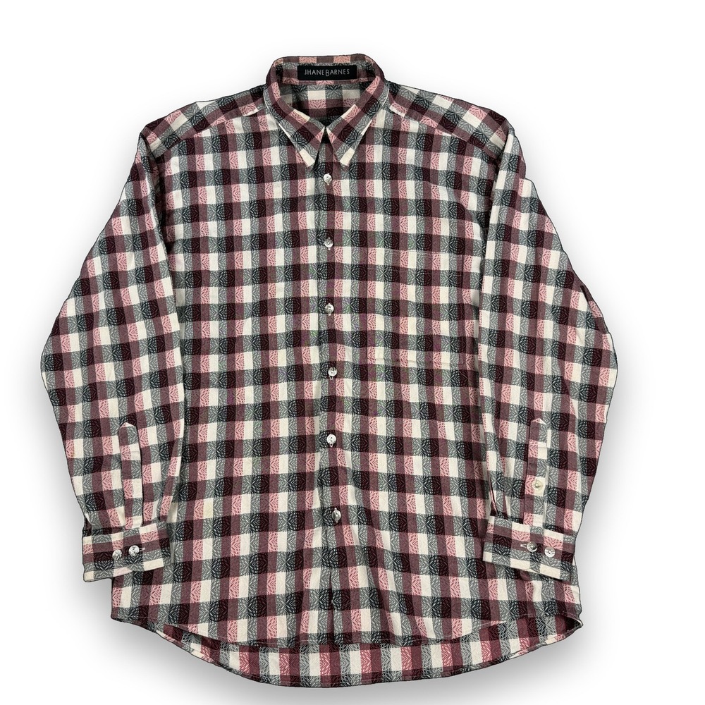 VTG 90s Jhane Barnes Shirt Large Burgundy Black Geometric Plaid`Jacquard Weave